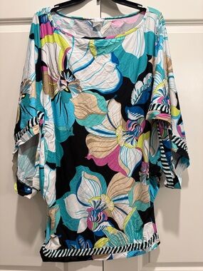 Trina Turk Floral Swim Coverup in Teal, Black, Pink & Cream